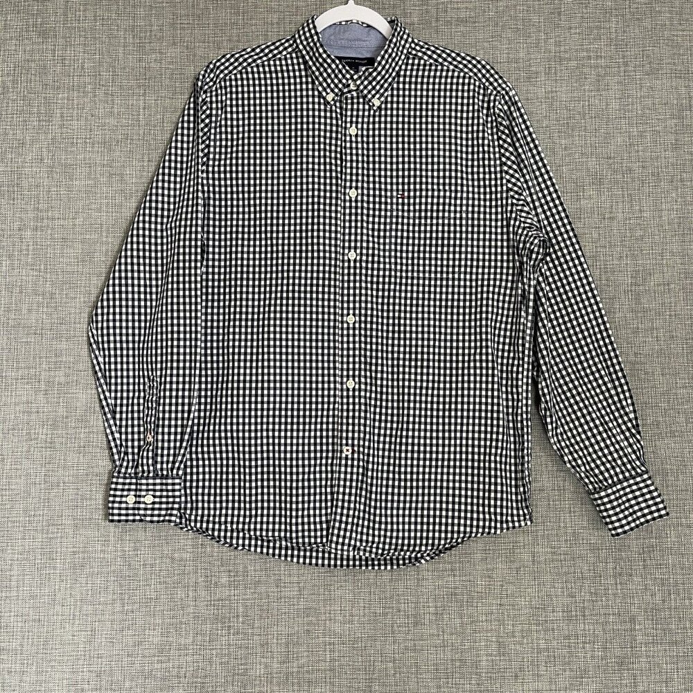 Tommy Hilfiger Mens Medium Blue White Long Sleeve Gingham Plaid Coupe Classique - Picture 11 of 11